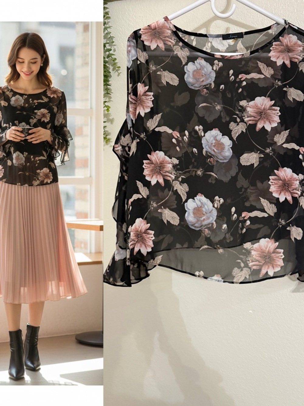Soprano Floral Sheer Blouse M Black Pink Ruffle Sleeve fairy